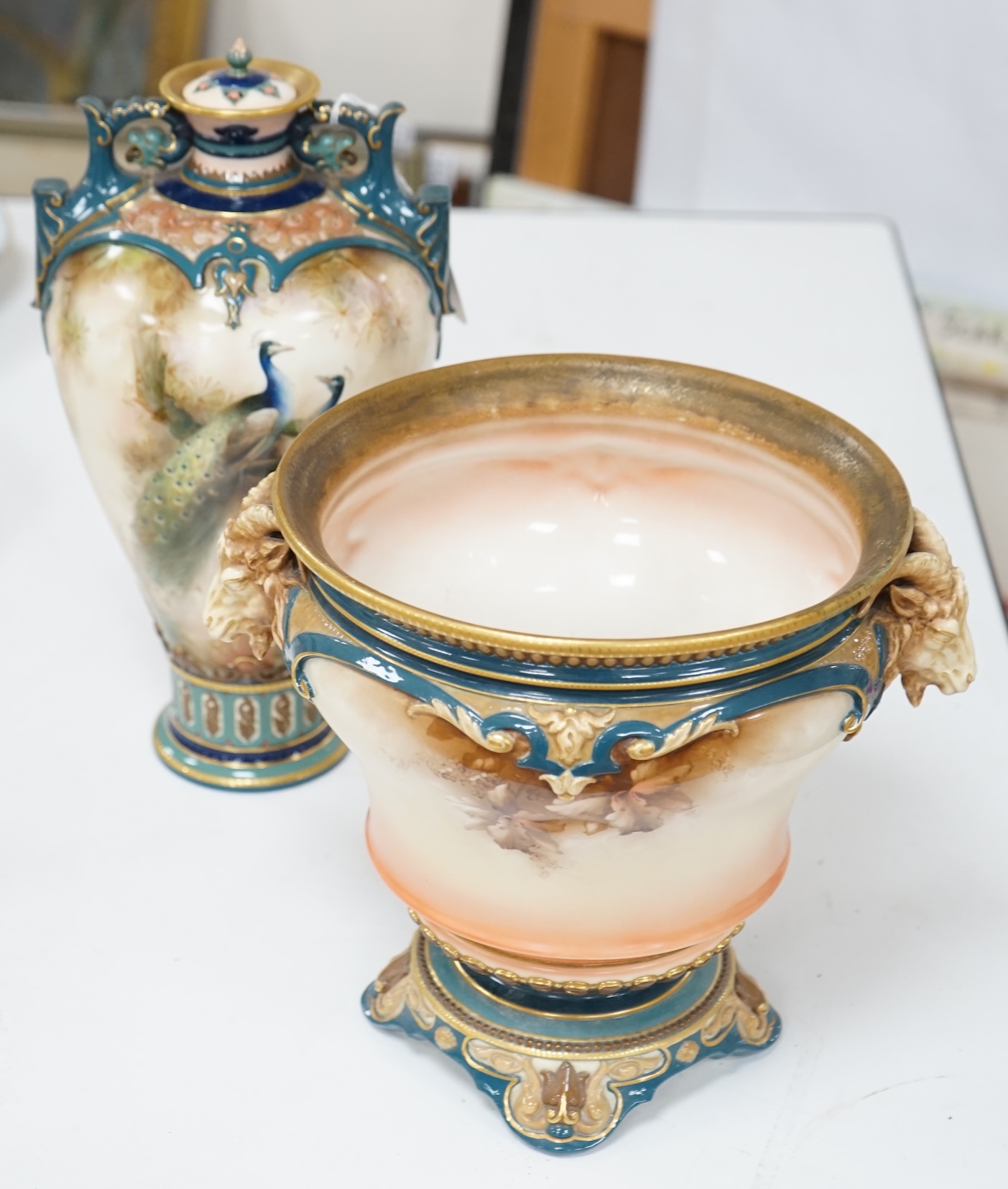 A Hadley's Worcester vase and cover and a Hadley's jardiniere, F100/50 and 168/2, tallest 31cm. Condition - good